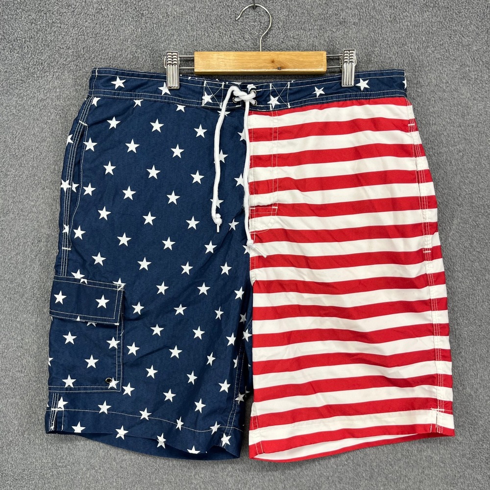 Chaps Mens Swim Trunks Board Shorts American‎ Flag Stars Stripes Size L G